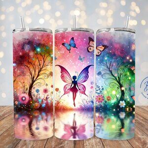 Rainbow Fairy 20oz Skinny Tumbler, Colorful Fairy Tumbler, Pixie Dust Tumbler
